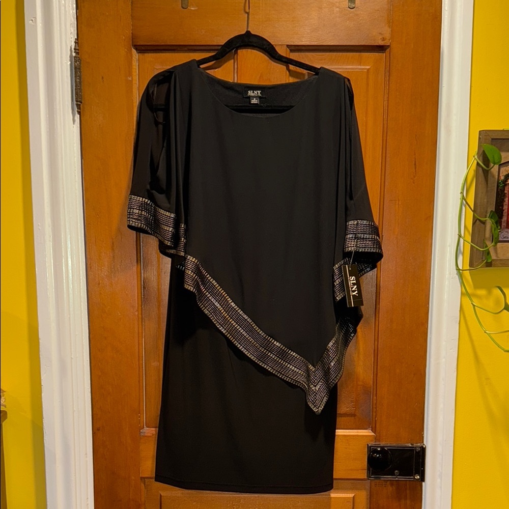 SLNY semi formal/formal Black Dress with Gold Accents size 8